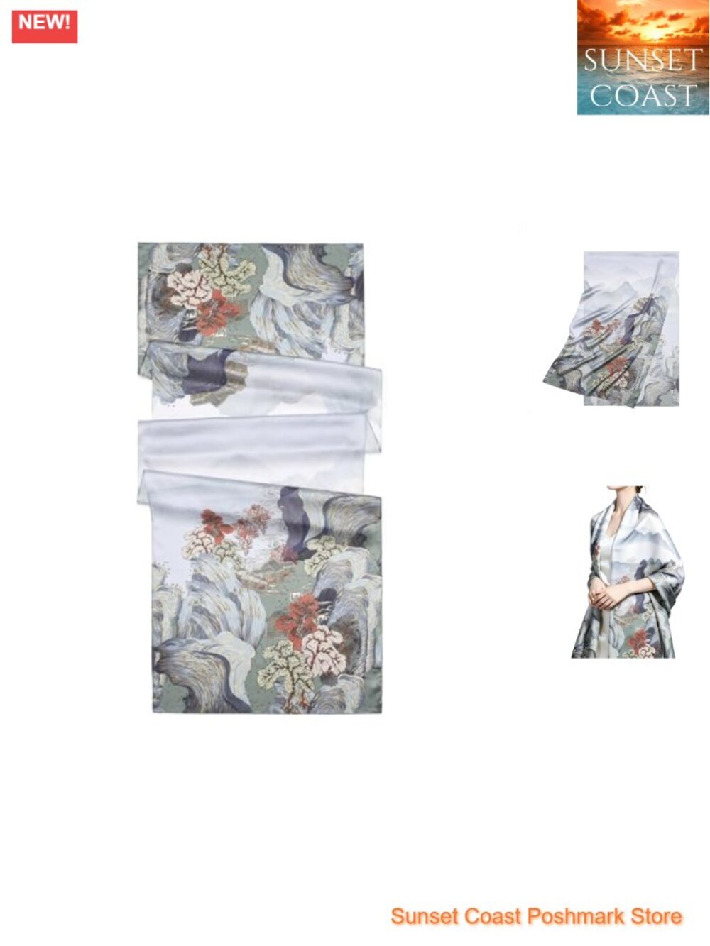 100% Mulberry Silk Floral Scarf Shawl Wrap 70"x21" Lightweight